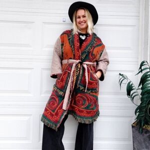 Handmade Tapestry Blanket Jacket Multicolor Bohemian Trench Coat